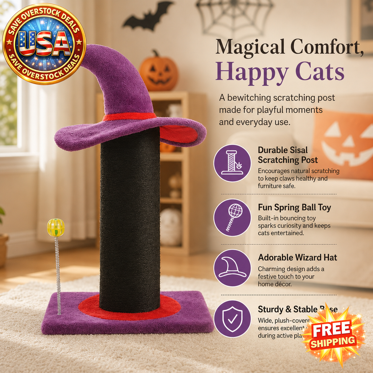 Halloween Cat Scratching Post with Wizard Hat Design, 60cm