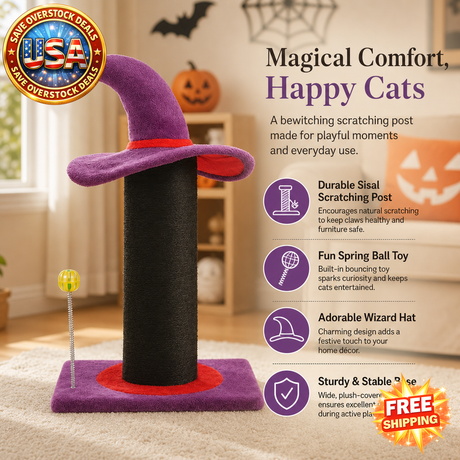 Halloween Cat Scratching Post with Wizard Hat Design, 60cm