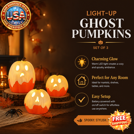 Light Up Ghost Pumpkin Decorations Set of 3 for Halloween