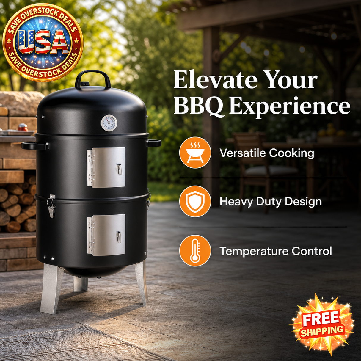 Vertical Steel Charcoal Smoker - Heavy Duty BBQ Grill