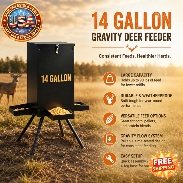 14 Gallon Gravity Deer Feeder with 4 Feeding Trays, Black