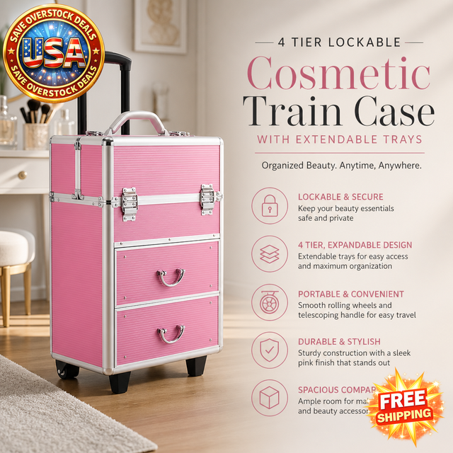 4 Tier Lockable Makeup Train Case with Extendable Trays, Pink