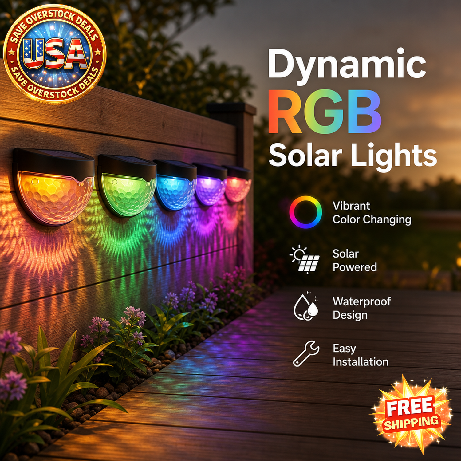 6 Pack RGB Solar Fence Lights - Waterproof Outdoor Lighting