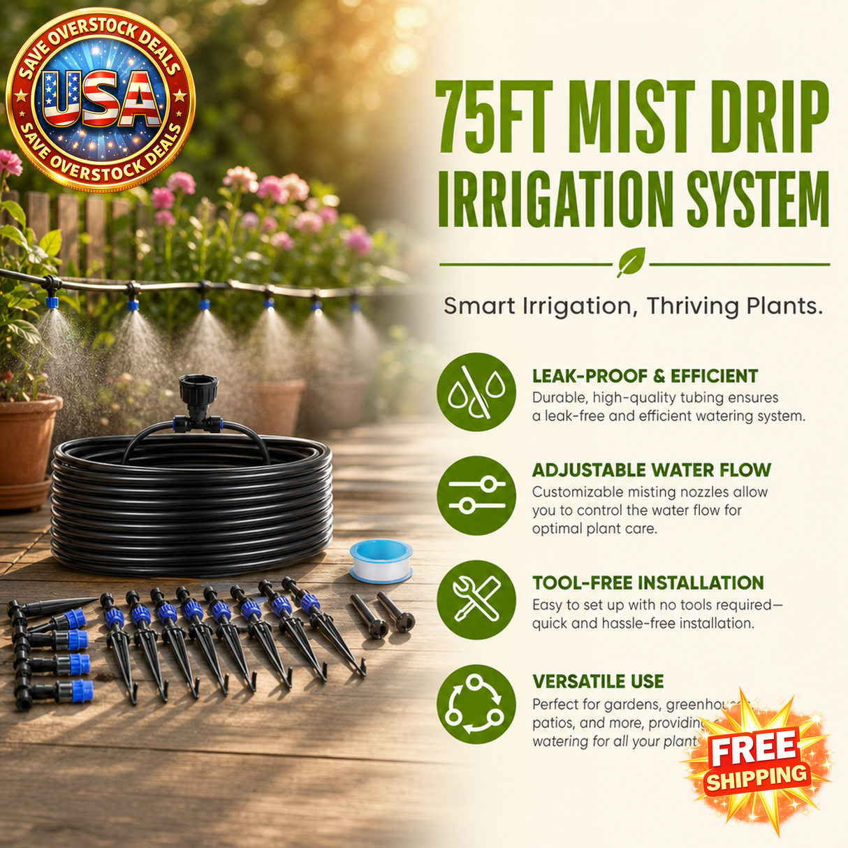 75FT Drip Irrigation System with Adjustable Misting Nozzles
