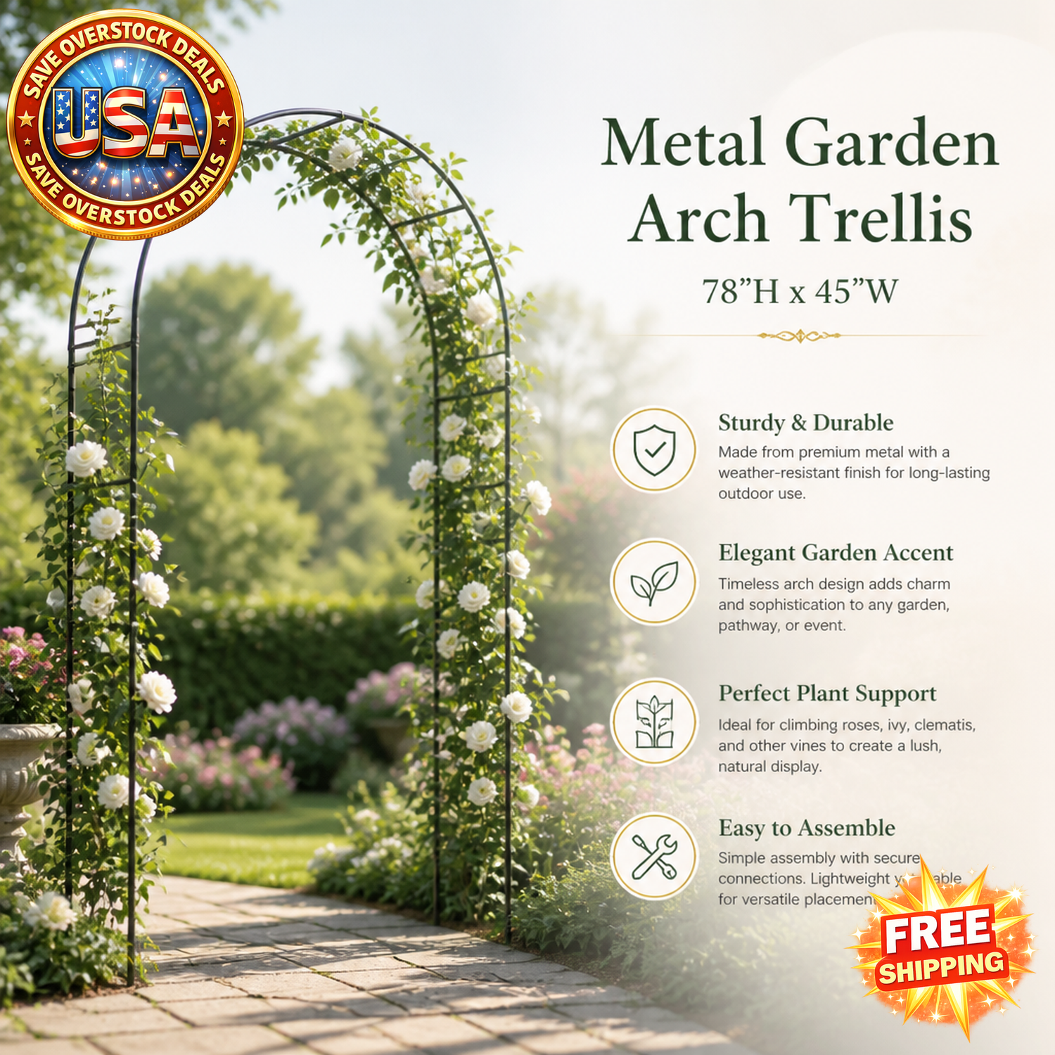 Metal Garden Arch Trellis 78"H x 45"W for Climbing Plants