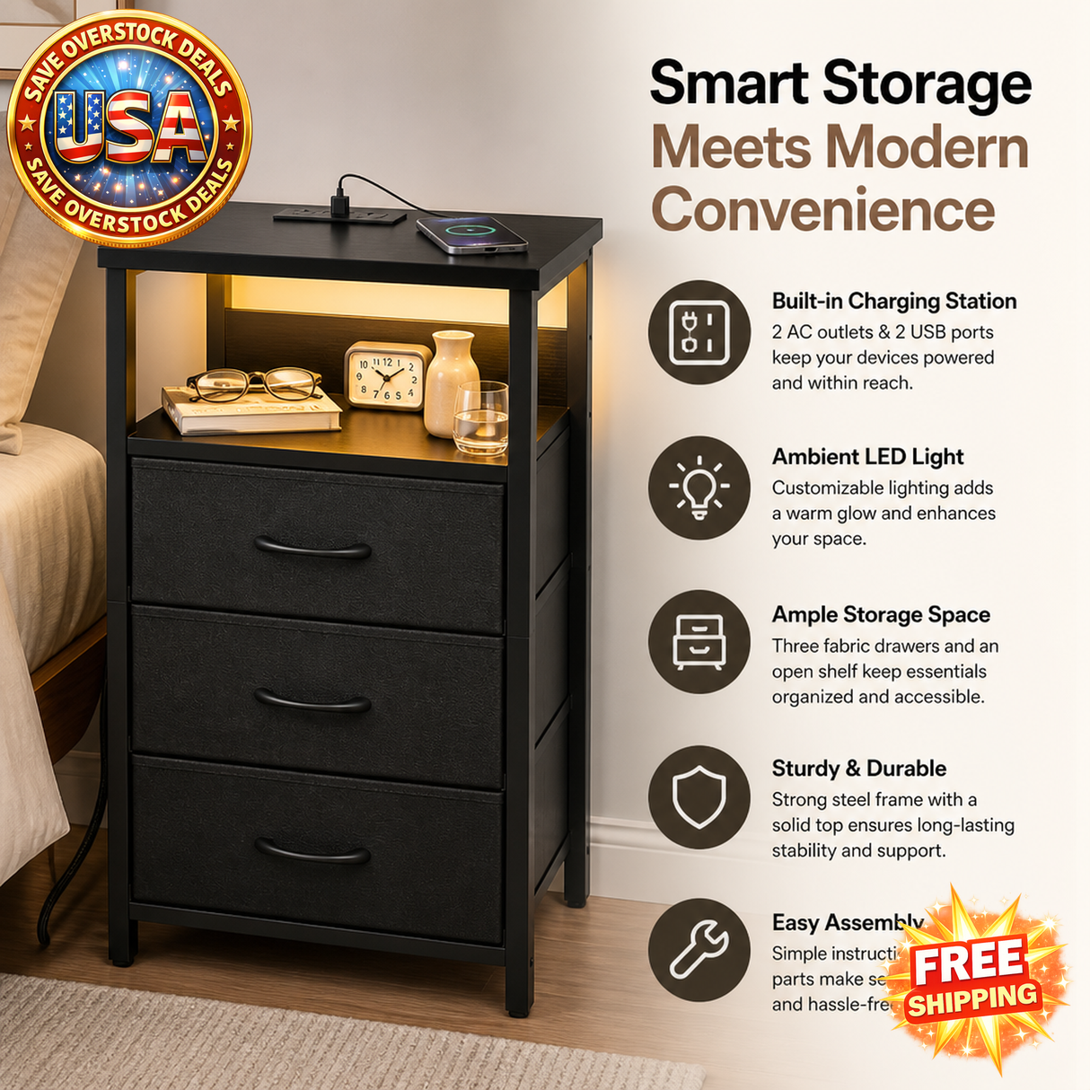 Nightstand with Charging Station and LED Light, Black