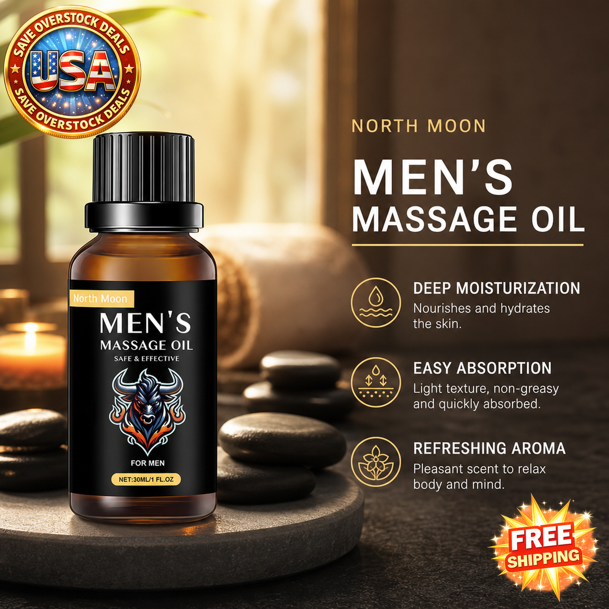 North Moon Men's Massage Oil for Skin Care and Moisturizing