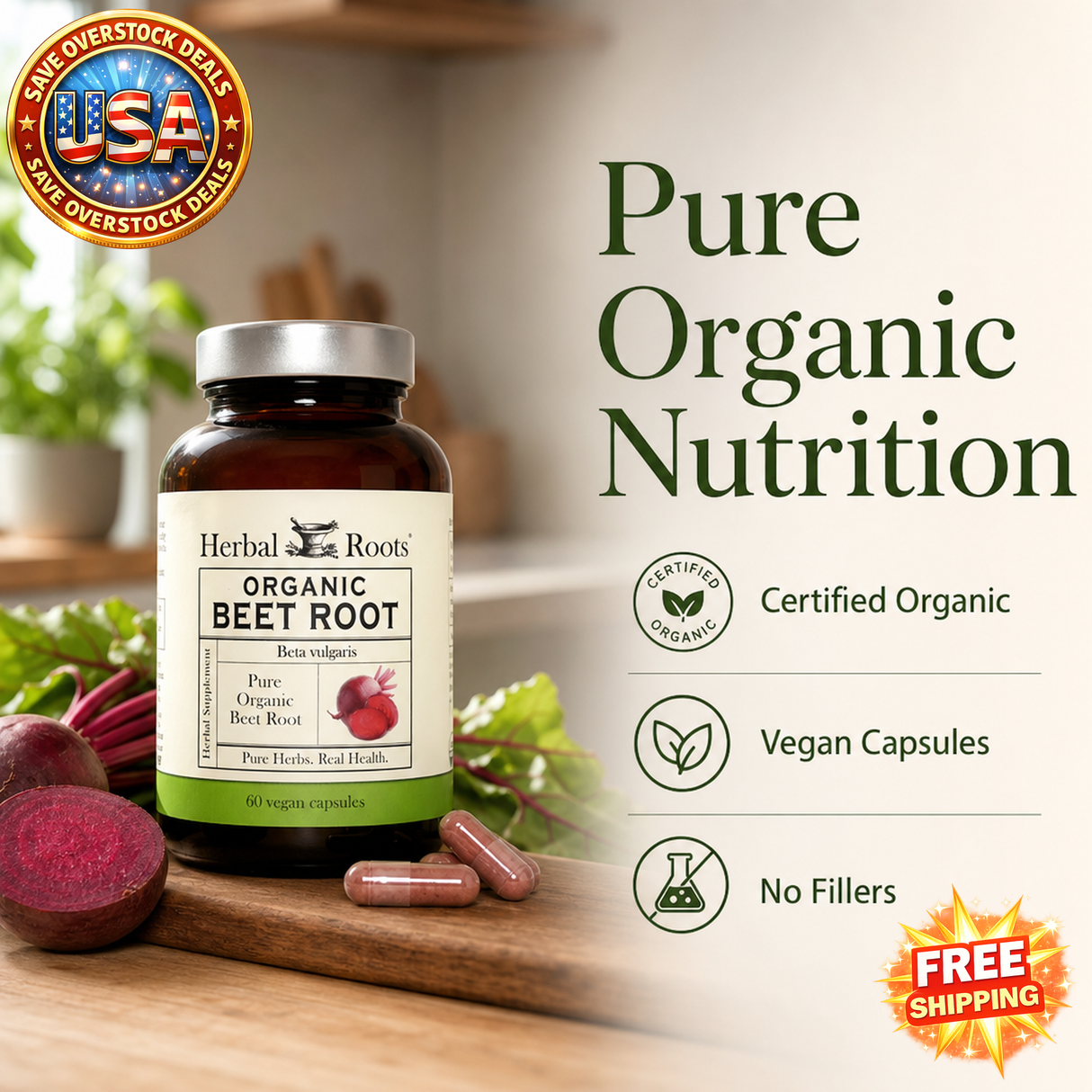 Herbal Roots Organic Beet Root Powder 60 capsules for Daily Use