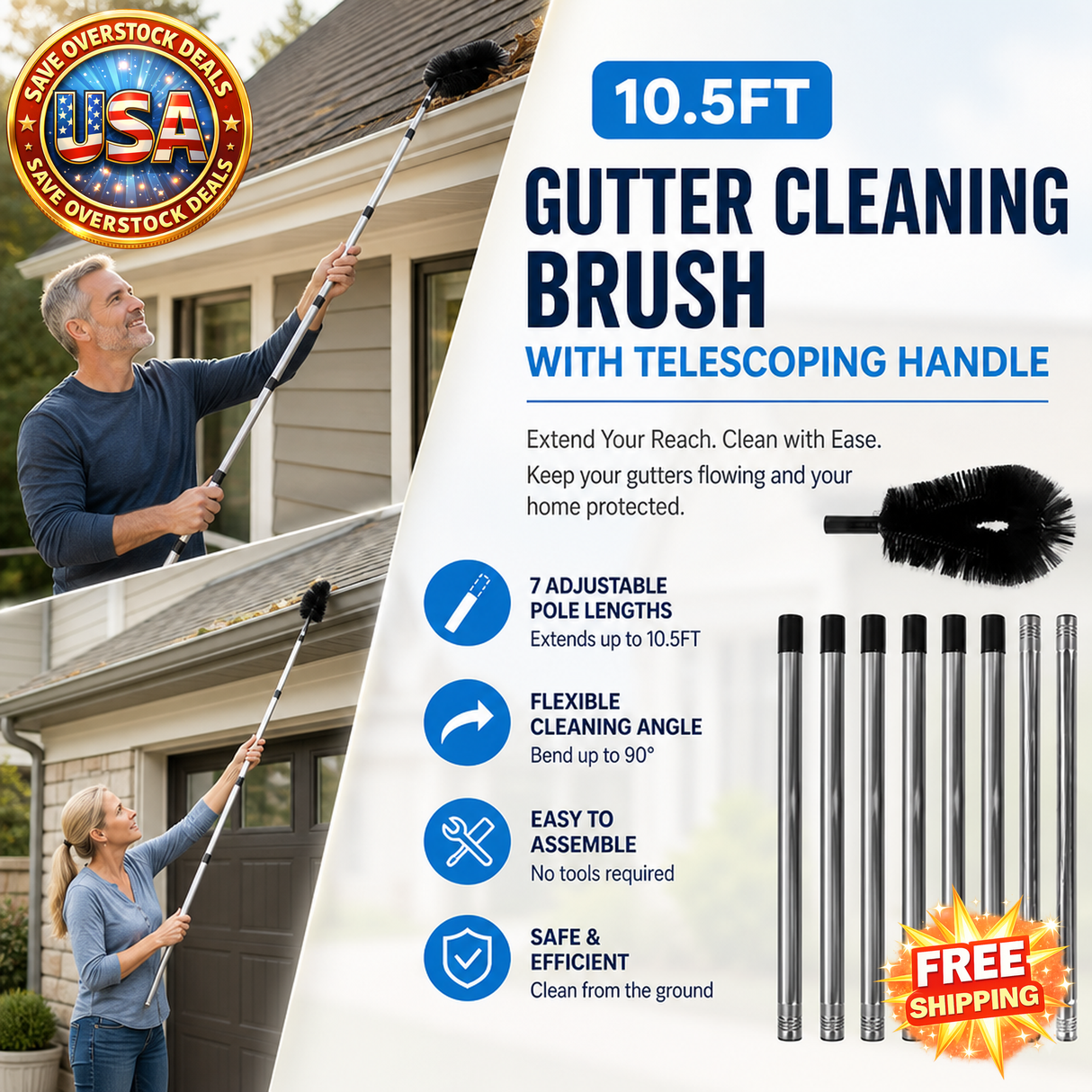 10.5FT Telescoping Gutter Cleaning Brush with Angled Brushes