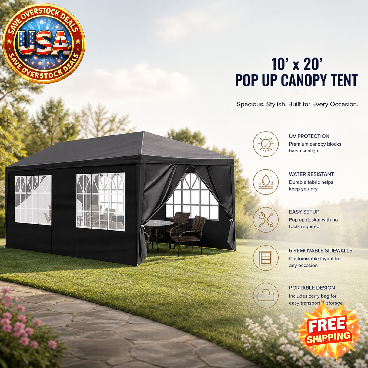 10x20ft Black Pop Up Canopy Tent with Removable Sidewalls