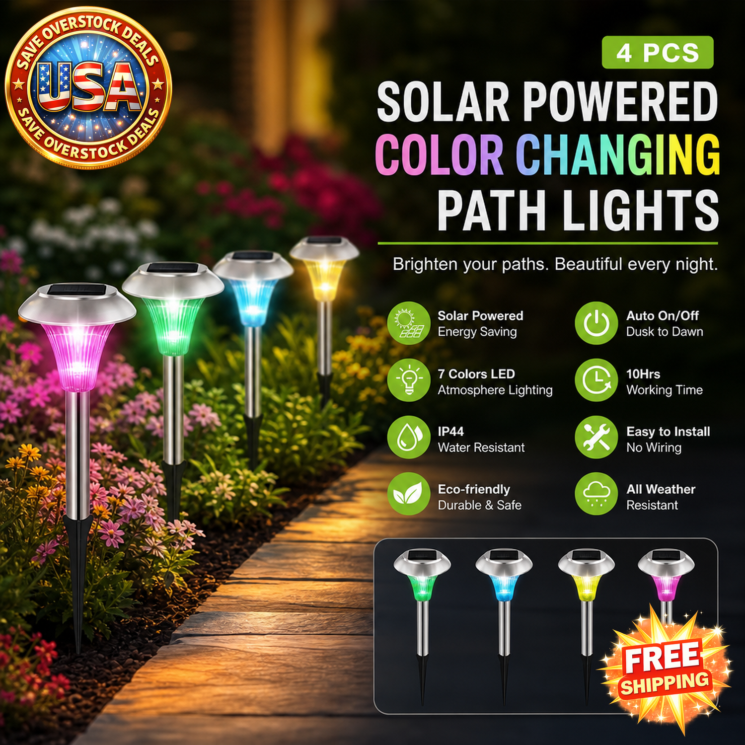 Solar Powered Color Changing Path Lights - 4 PCS Waterproof