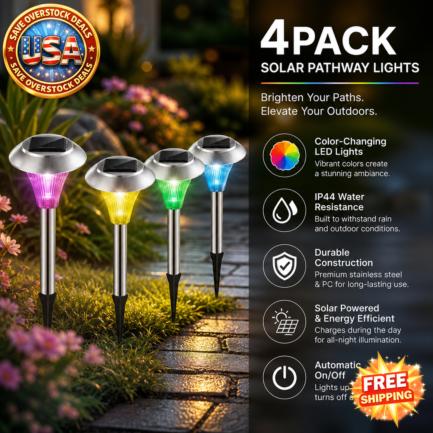 Outdoor Solar Garden Pathway Lights - Color Changing LED, 4 Packs