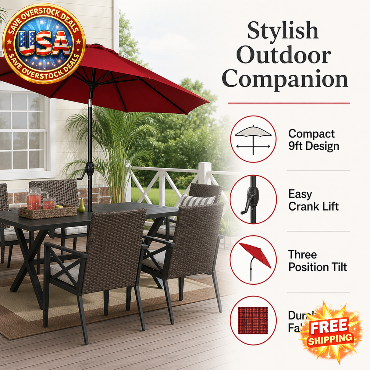 9' Red Crank Lift Patio Umbrella with 3 Position Tilt