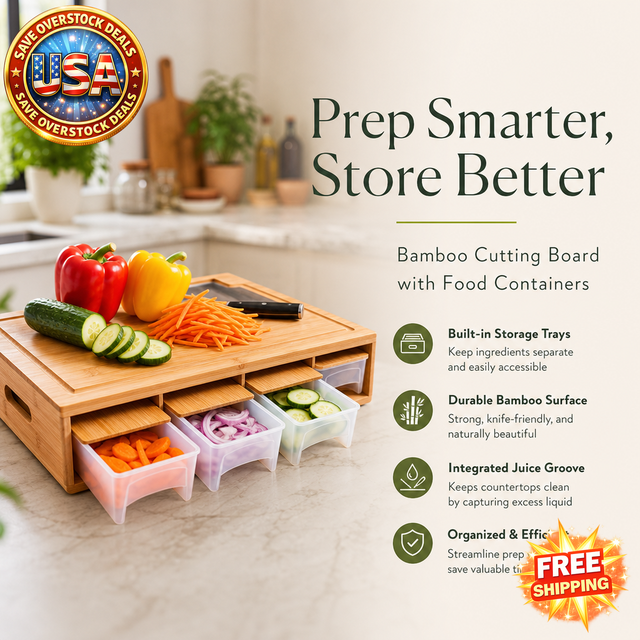 Bamboo Cutting Board with Food Containers and Cheese Grater