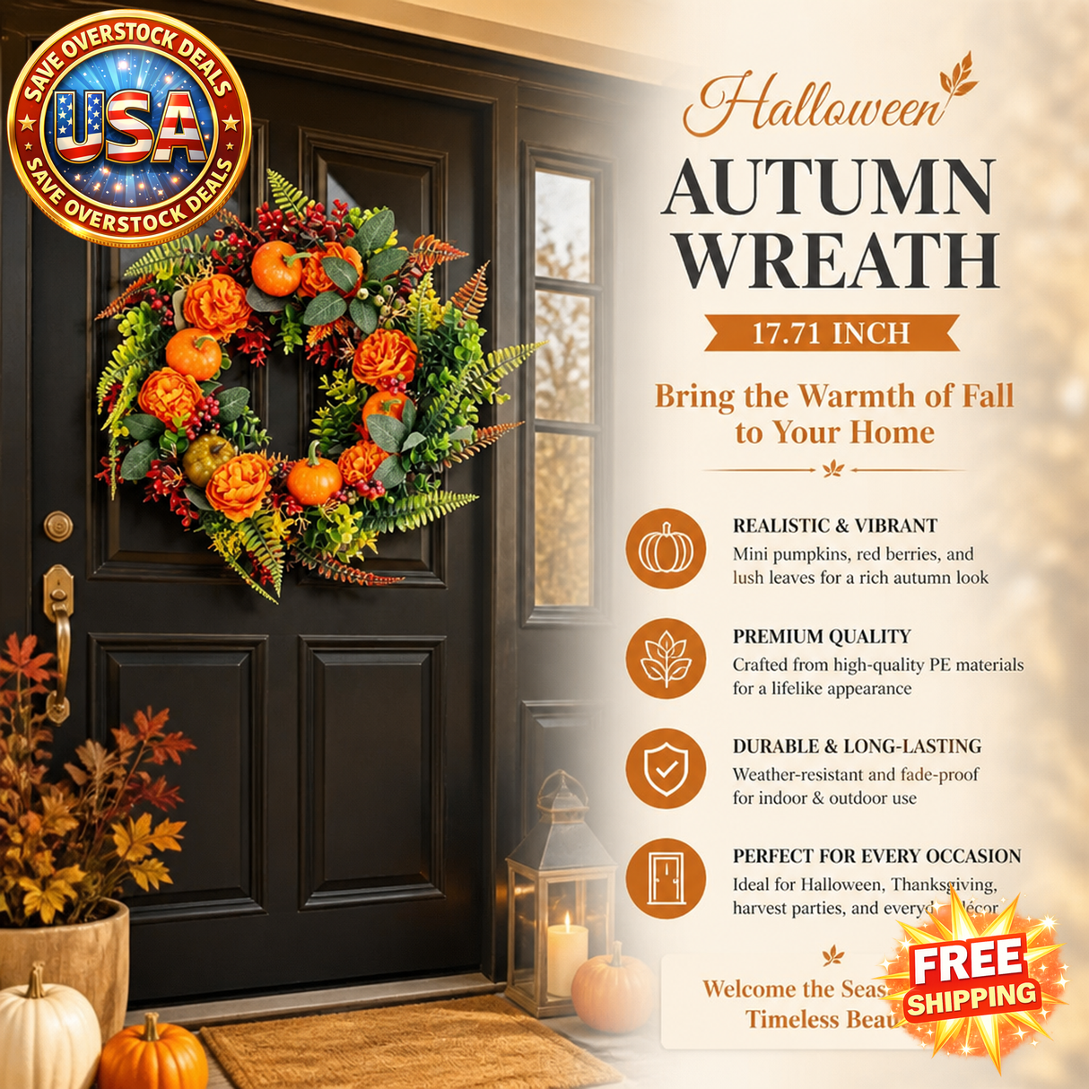 Artificial Autumn Wreath with Mini Pumpkins and Berries, 17.71 Inch