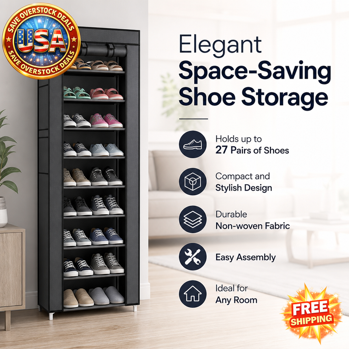 Compact 10-Layer Non-woven Fabric Shoe Rack with 9 Lattices