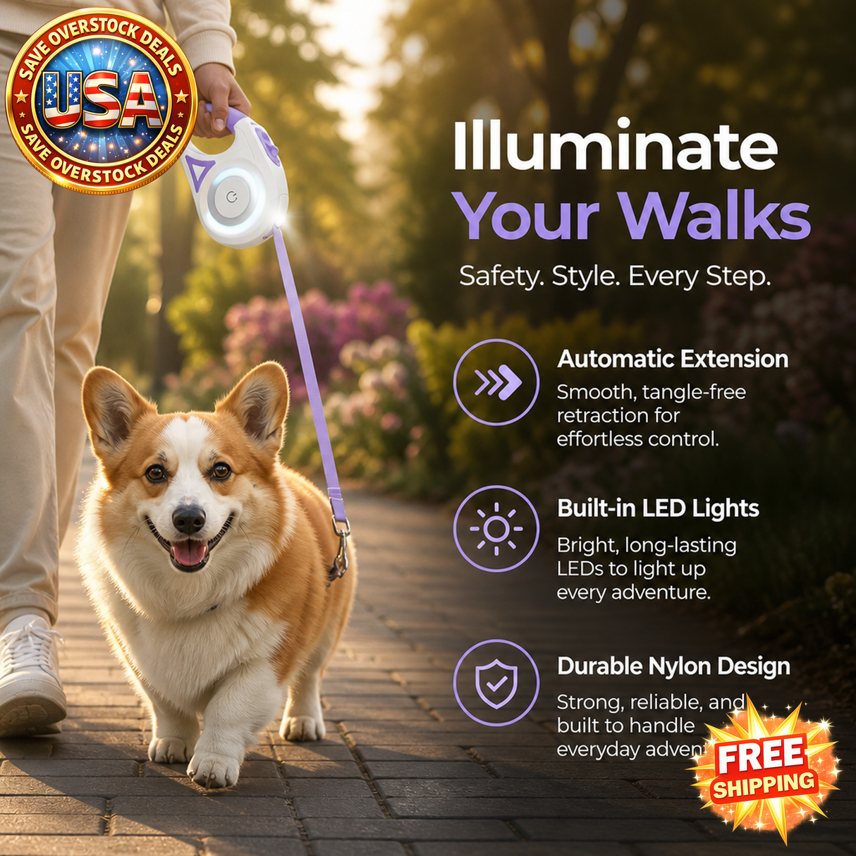 LED Dog Leash with Automatic Extending Nylon Design