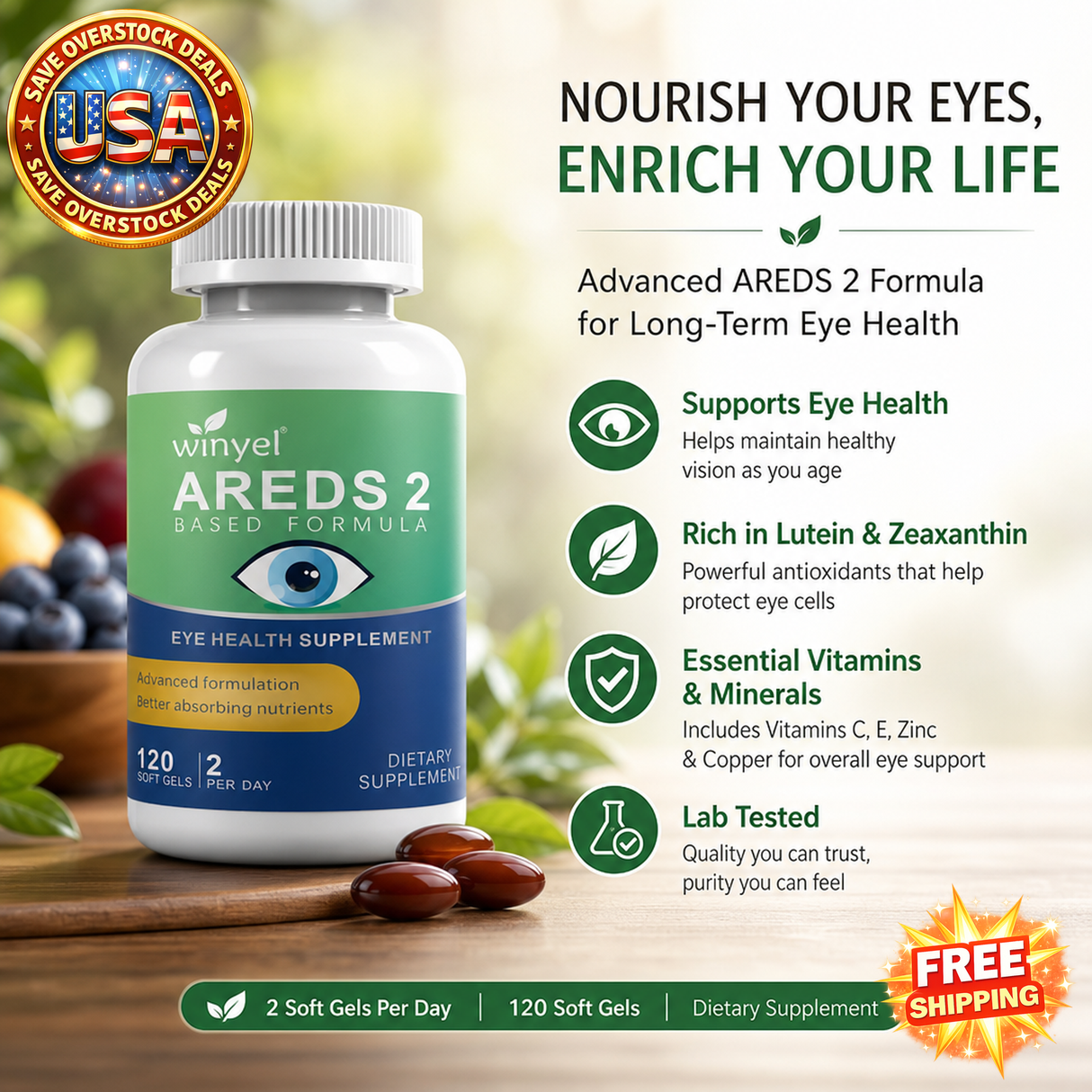 WINYEL AREDS 2 Eye Vitamin Supplement with Lutein, 120 Softgels