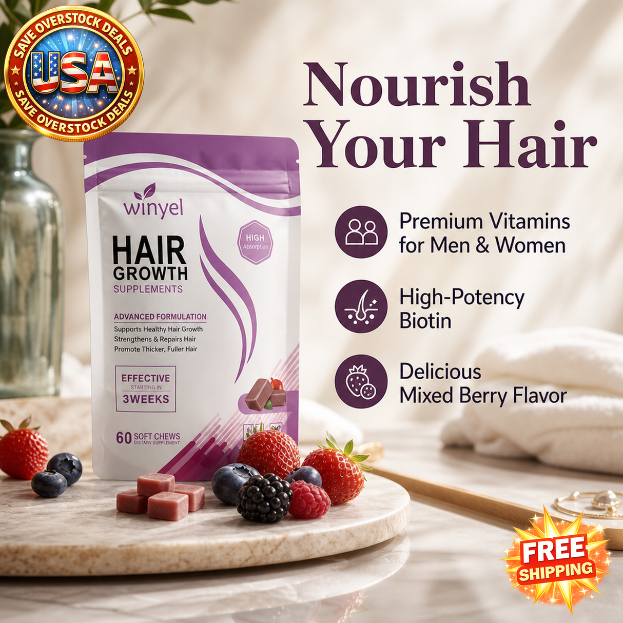 WINYEL Hair Growth Soft Chewables with Biotin, 60 Count