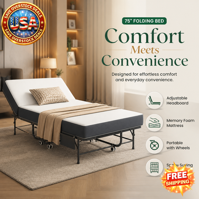 75" Folding Bed with Adjustable Headboard & Memory Foam