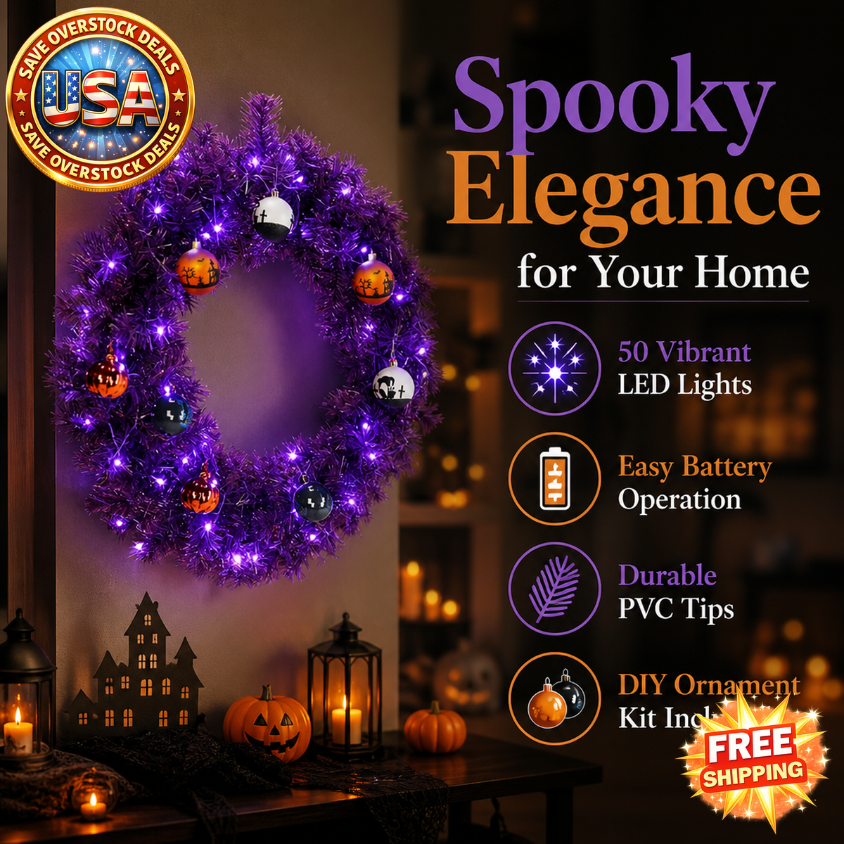 24in Pre-lit Halloween-Themed Christmas Wreath with Lights