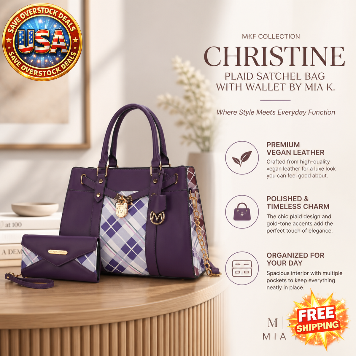 MKF Collection Christine Plaid Vegan Leather Satchel Bag with Wallet