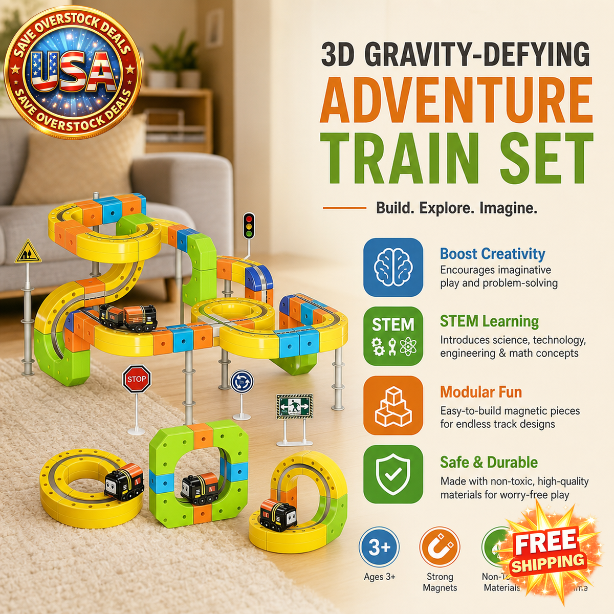 3D Electric Magnetic Train Set - 105PCS Modular Track Kit