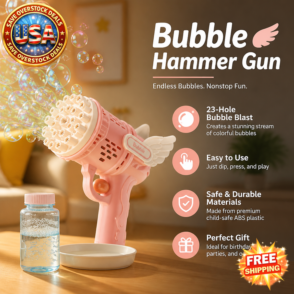Angel Bubble Gun for Kids - 23 Hole Bubbles Machine