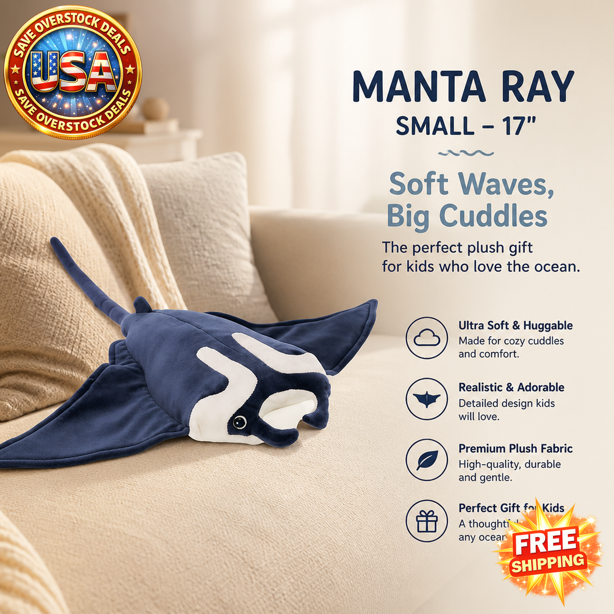 MANTA RAY Plush Stuffed Animal Toy - 17 Inches