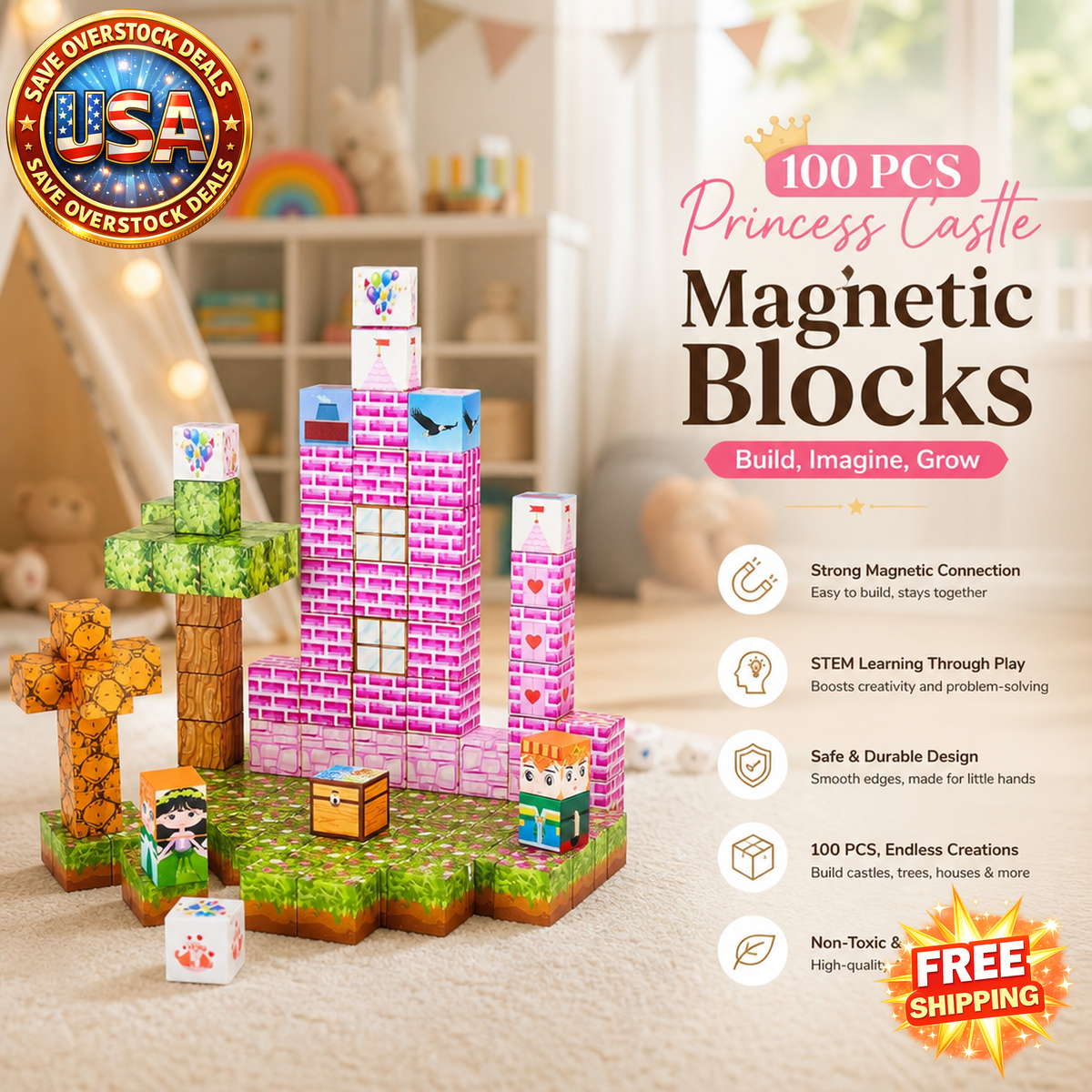100 PCS Magnetic Building Blocks Princess Castle Set