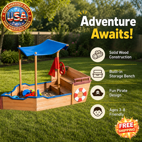 Outsunny Wooden Pirate Ship Sandbox with Cover for Kids
