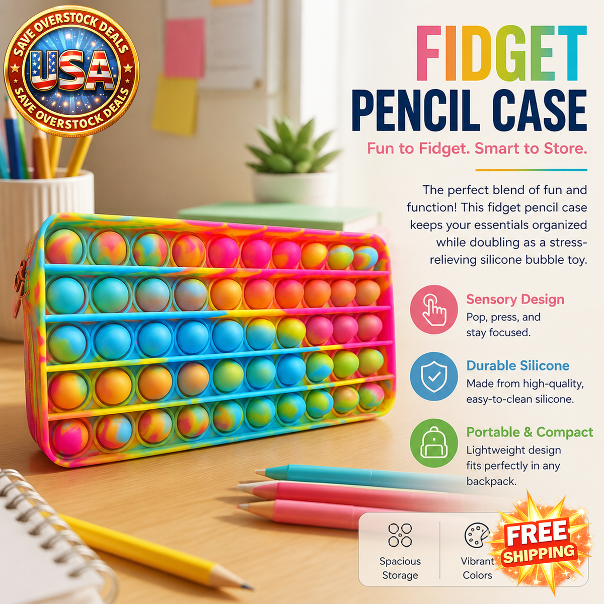 Fidget Pop Pencil Case - Silicone Sensory Storage Bag for Kids