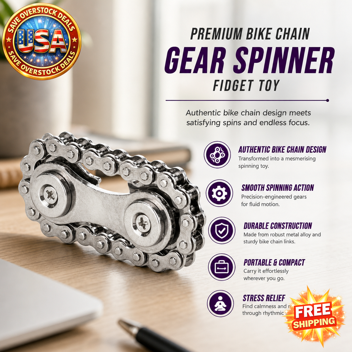 Premium Bike Chain Gear Spinner Fidget Toy - Stainless Steel