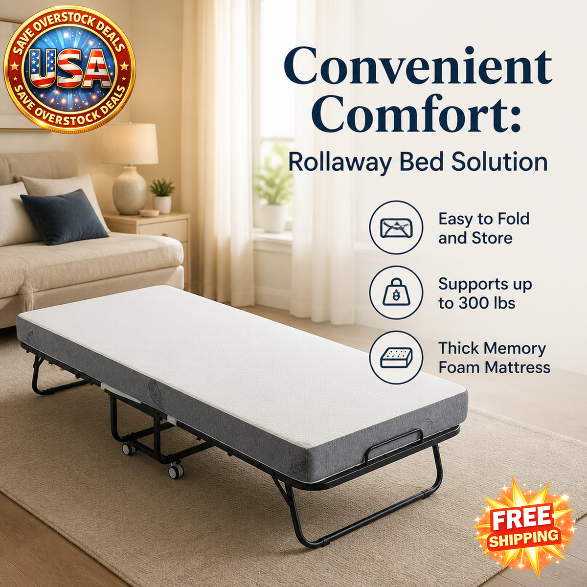 Portable Twin Rollaway Bed with Memory Foam Mattress