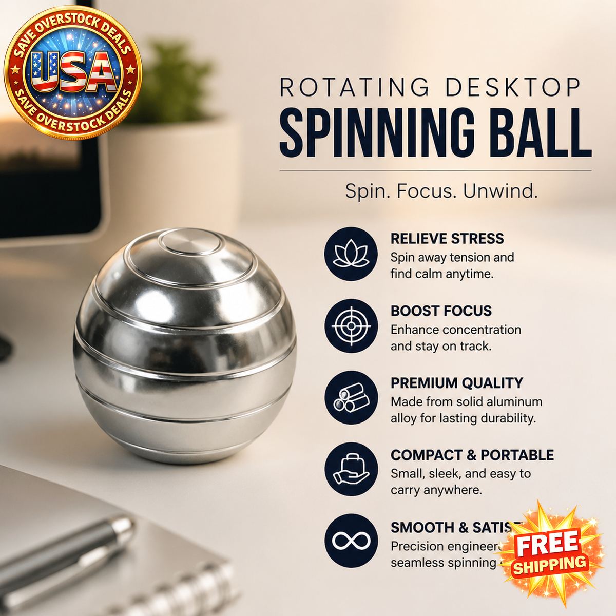 Rotating Desktop Spinning Ball Fidget Toy - Aluminum Alloy