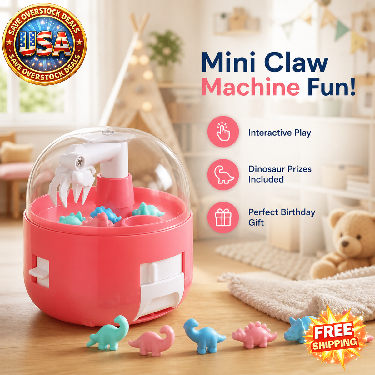 Mini Claw Machine for Kids - Dinosaur Figures Arcade Game