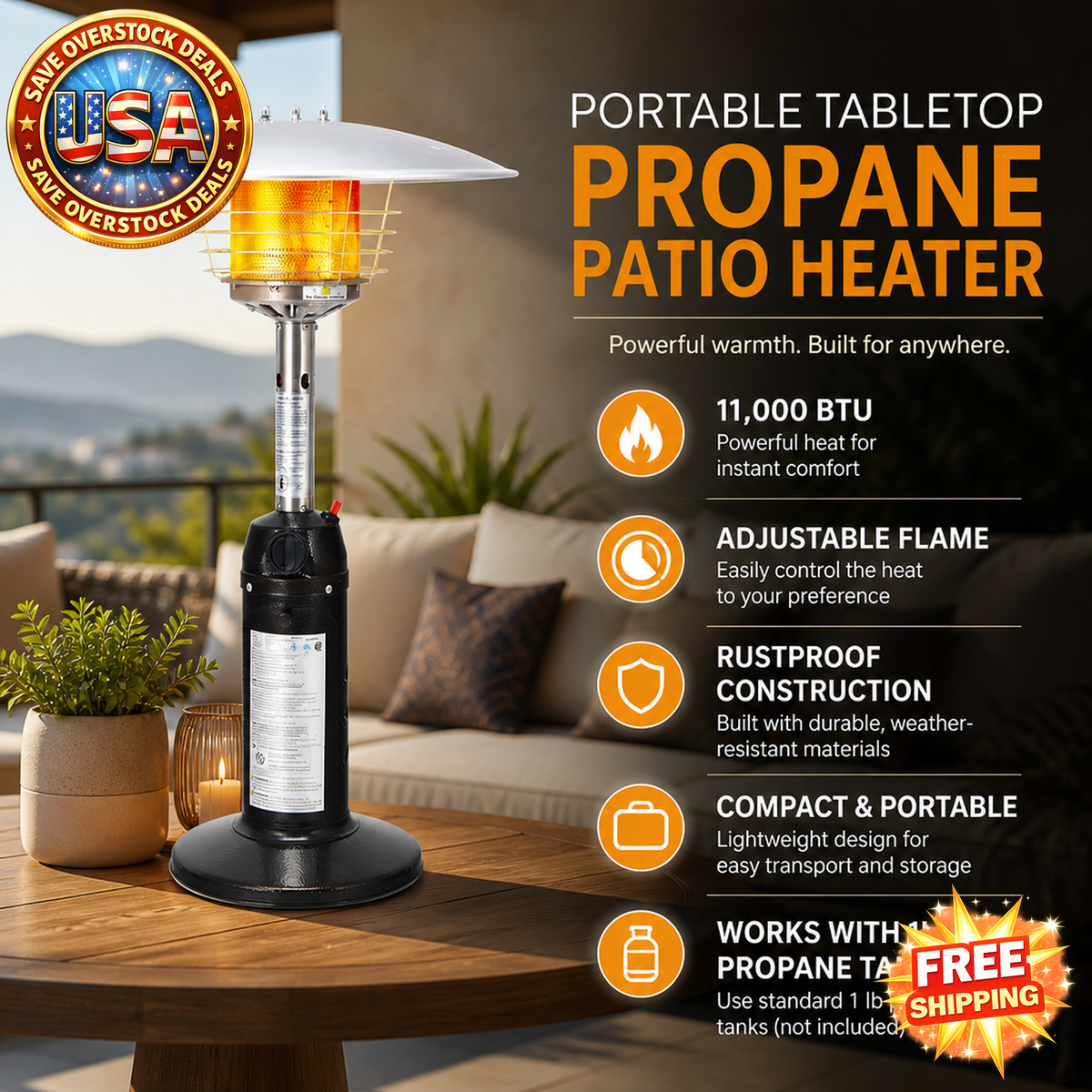 Portable Tabletop Propane Patio Heater with 11,000 BTU Output