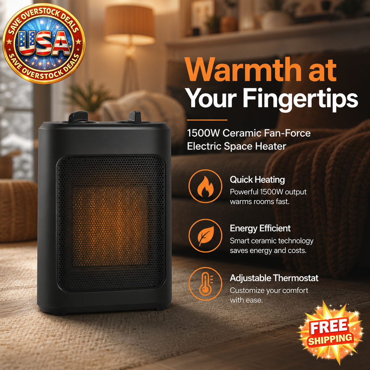 1500W Ceramic Electric Space Heater with Adjustable Thermostat