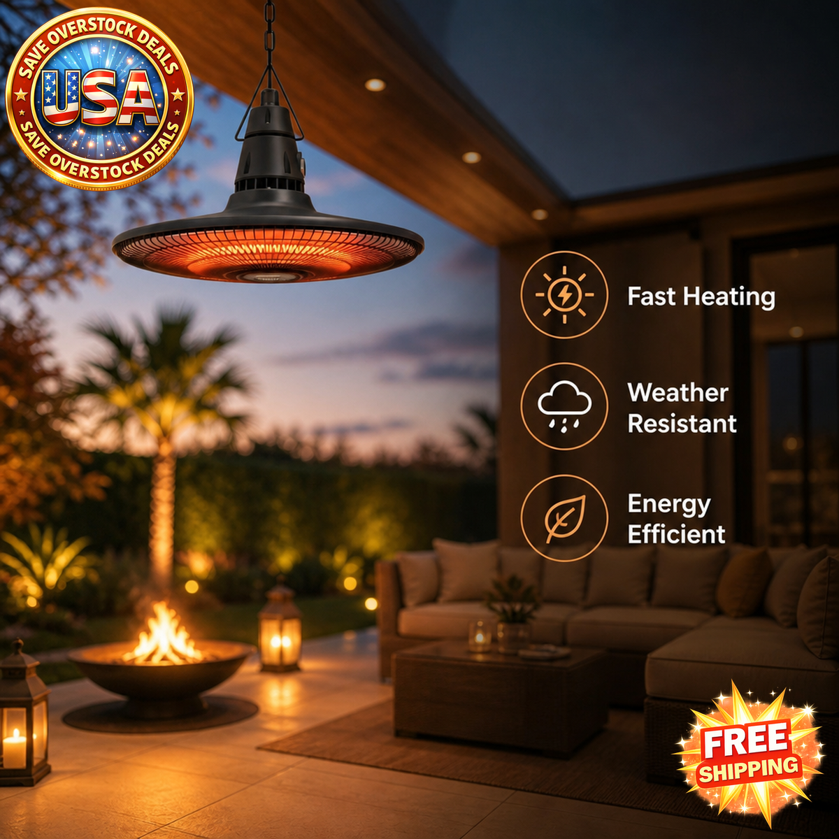 1500W Hanging Electric Patio Heater with Remote Control