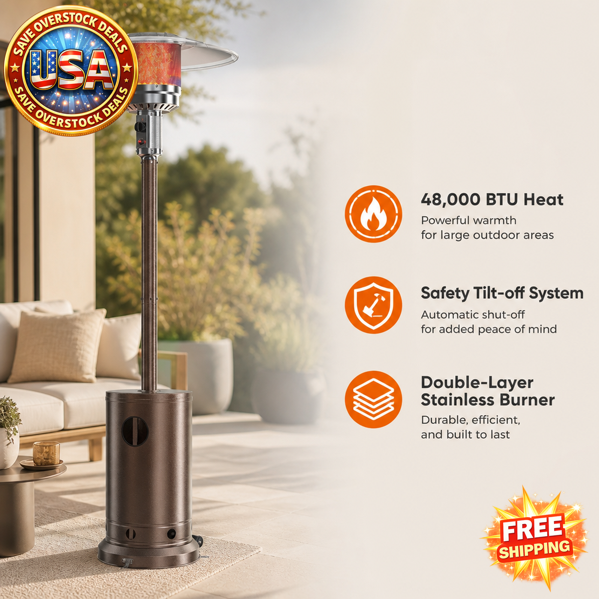 48,000 BTU Propane Patio Heater with Tabletop and Safety Features