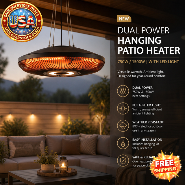 Dual Power Hanging Patio Heater with LED, 750W/1500W, Black