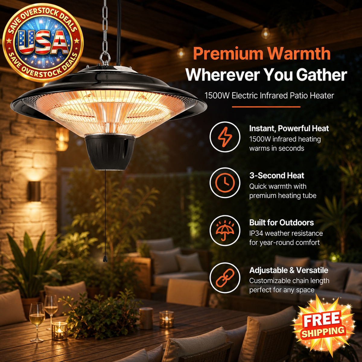 Hanging Patio Heater, 1500W Electric Infrared Heater with Pull Cord