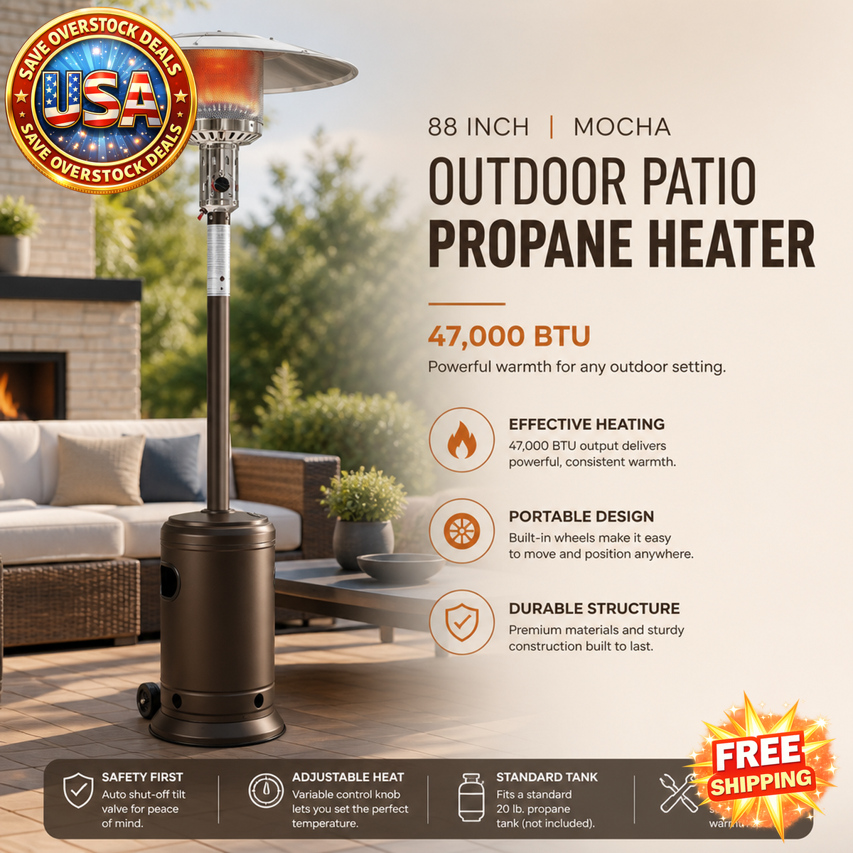 Outdoor Patio Propane Heater 47,000 BTU with Wheels