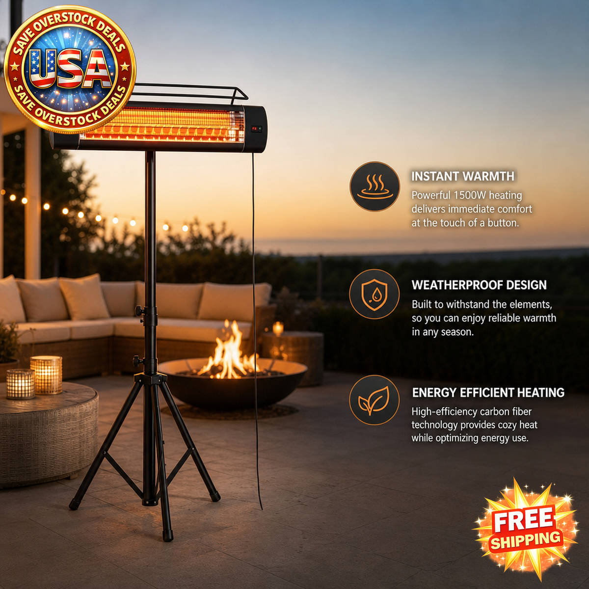 Standing Electric Patio Heater 1500W with Tripod Stand