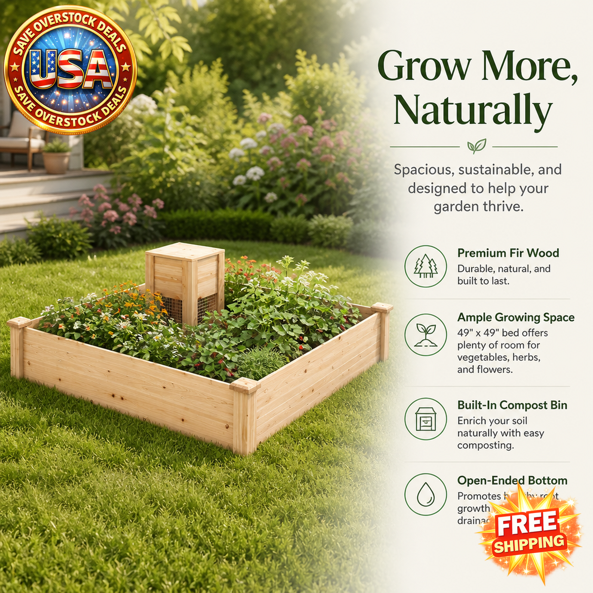 49" Raised Garden Bed with Compost Bin and Open-ended Bottom