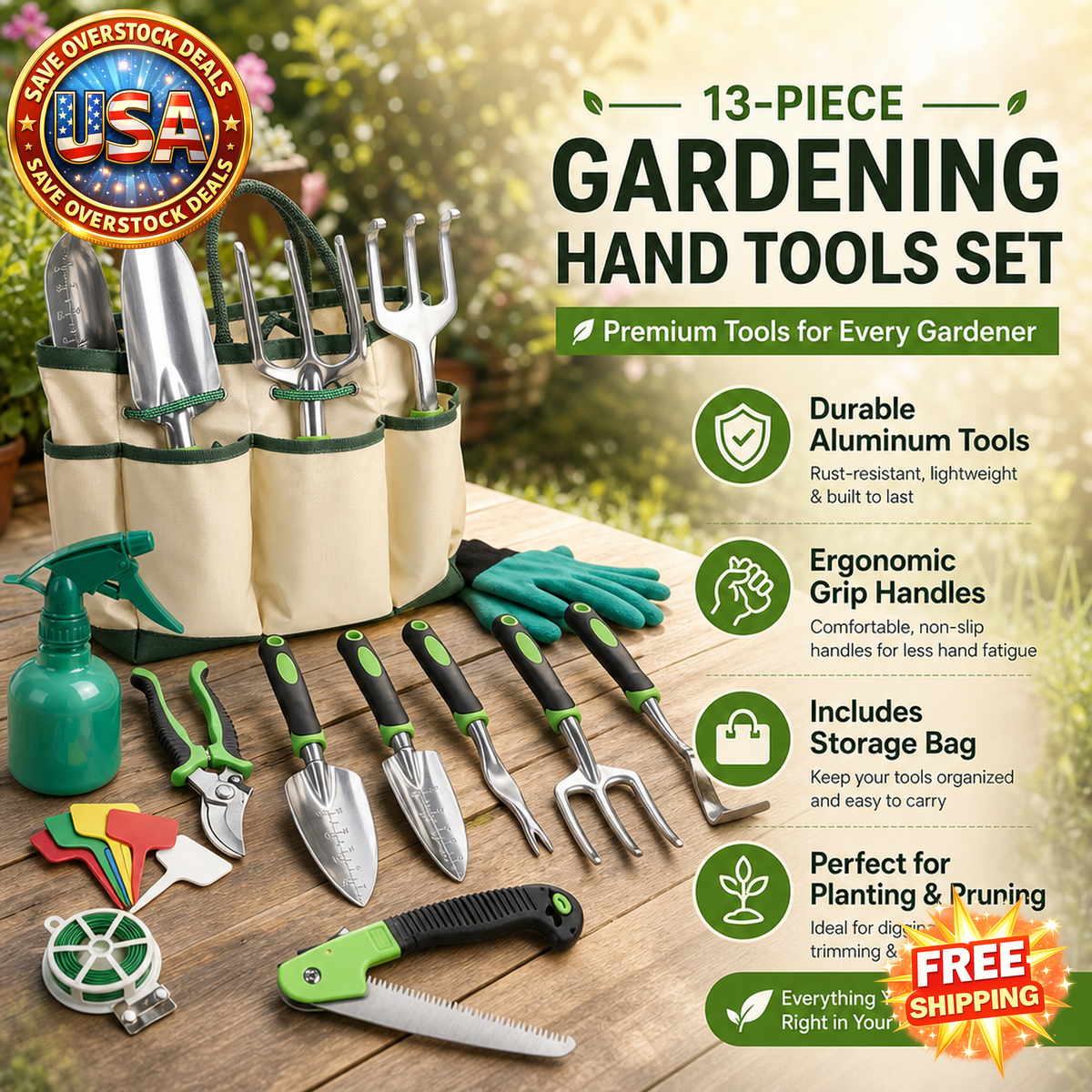 13-Piece Aluminum Alloy Gardening Tool Set with Carry Bag