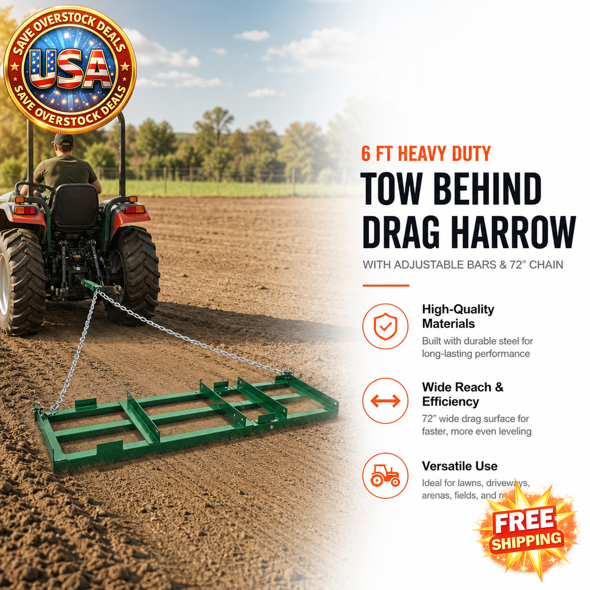6 ft Heavy Duty Tow Behind Drag Harrow for Lawn Leveling