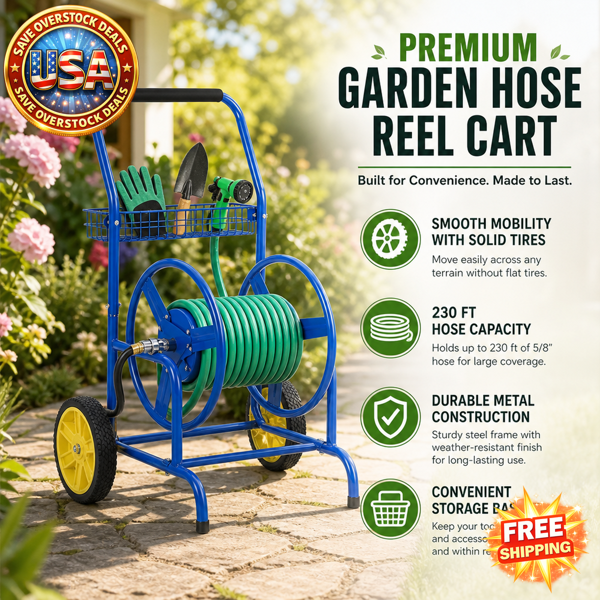 Garden Hose Reel Cart with Wheels and Storage Basket