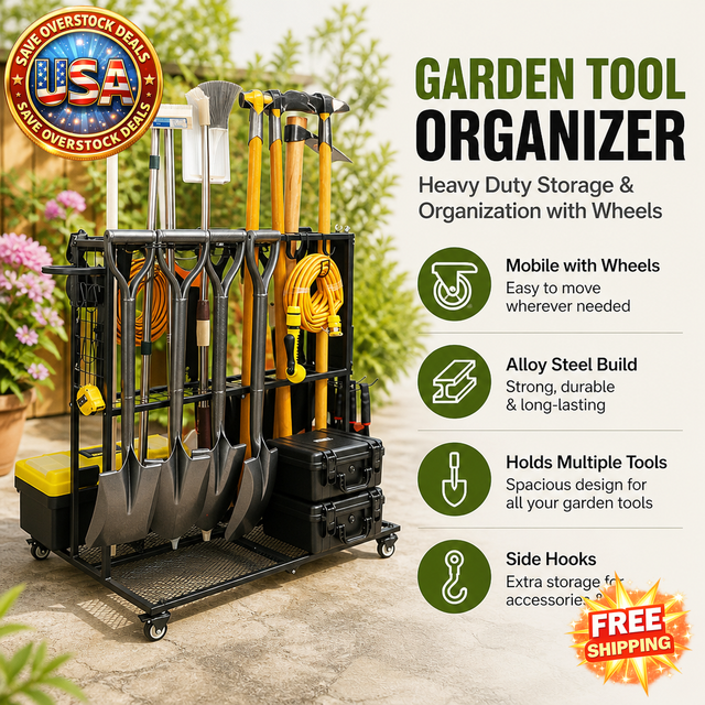 Heavy Duty Garden Tool Organizer with Wheels for Storage