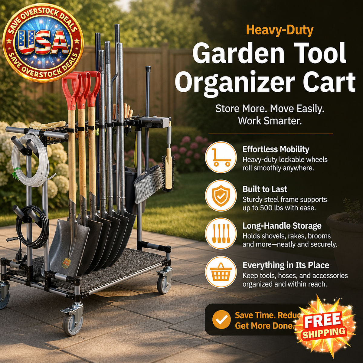 Heavy-Duty Garden Tool Organizer Cart with 5-Inch Wheels